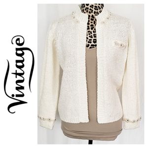 VINTAGE Cream Beaded Open Front Cardigan